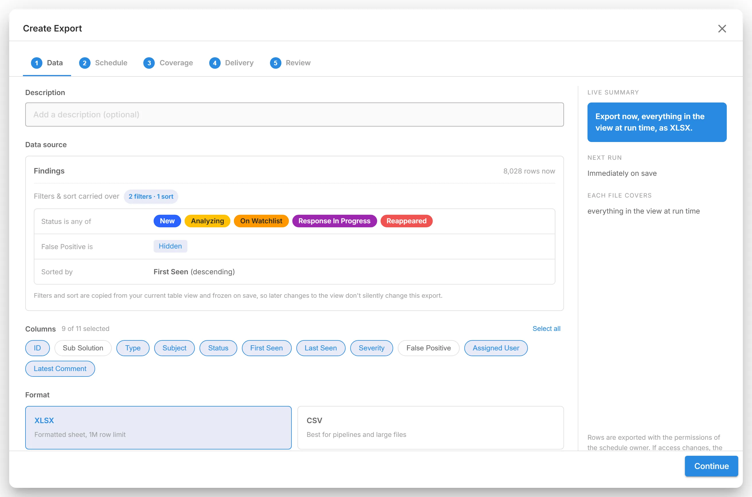 The "Create Export" dialog opened from Findings, with its five steps across the top and the "Data" step open.