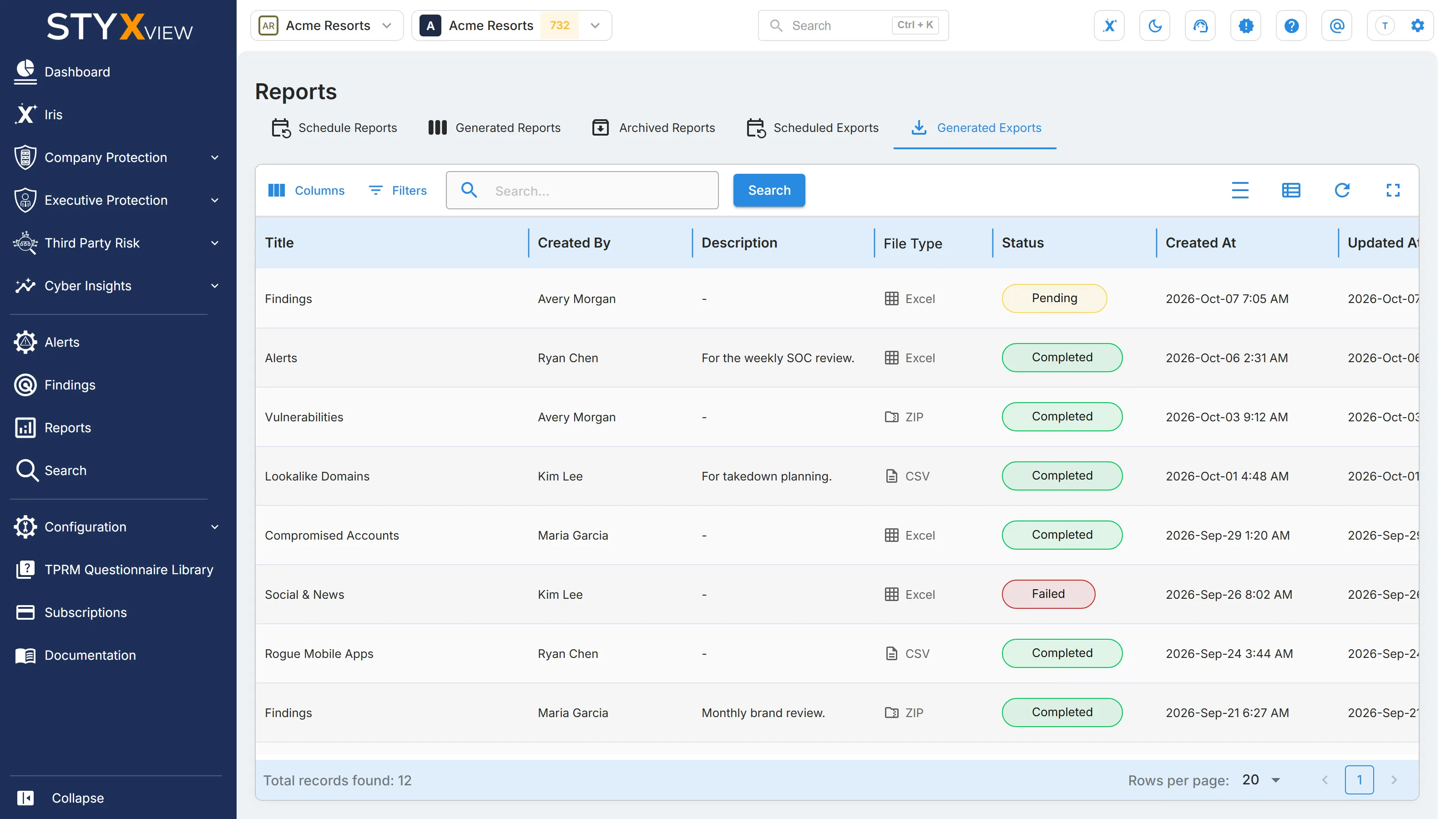 The "Generated Exports" tab, listing each export with its title, creator, description, file type, status, and creation time.