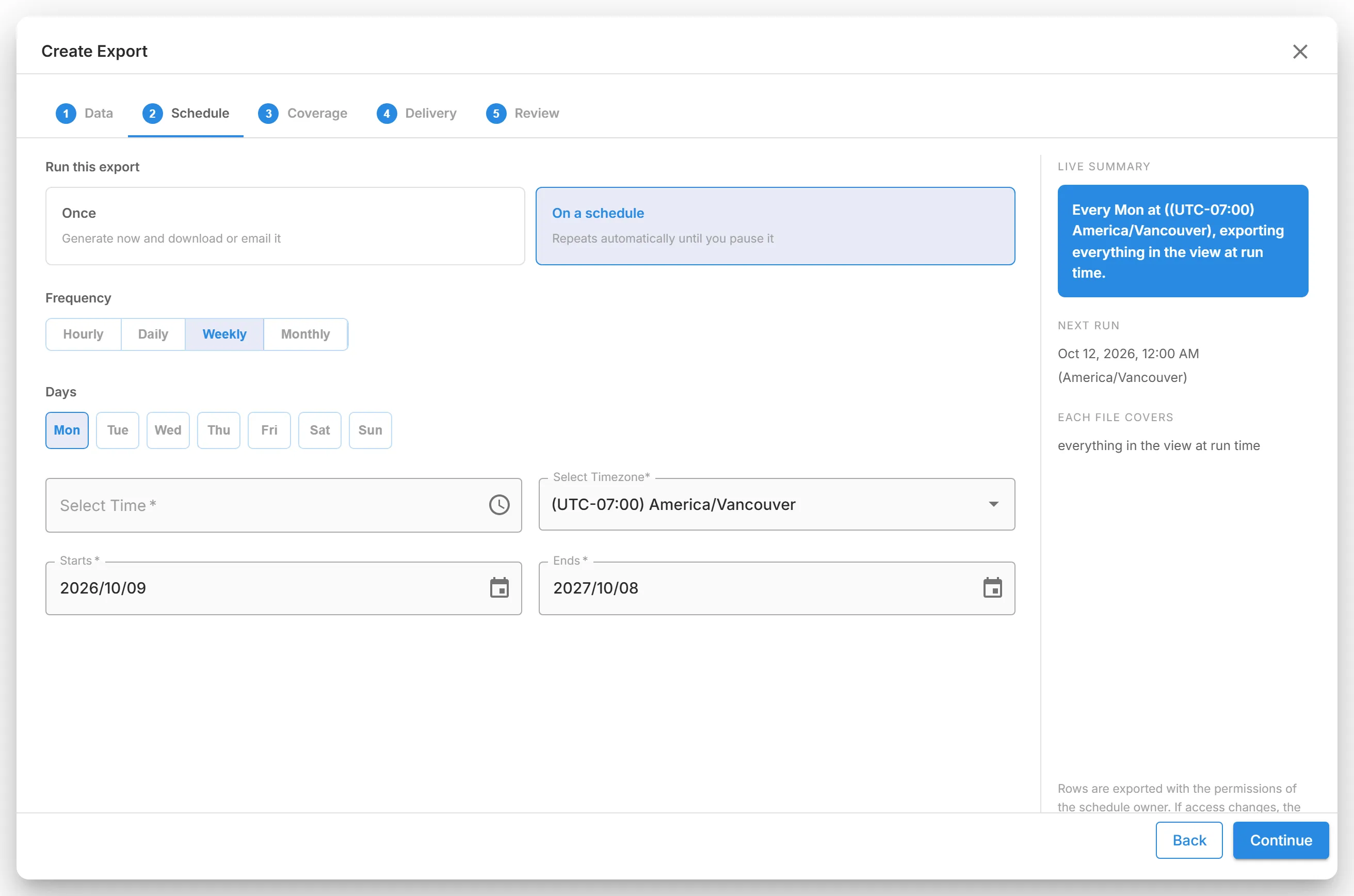 The "Schedule" step of "Create Export" with "On a schedule" and "Weekly" chosen, and Monday selected under "Days".