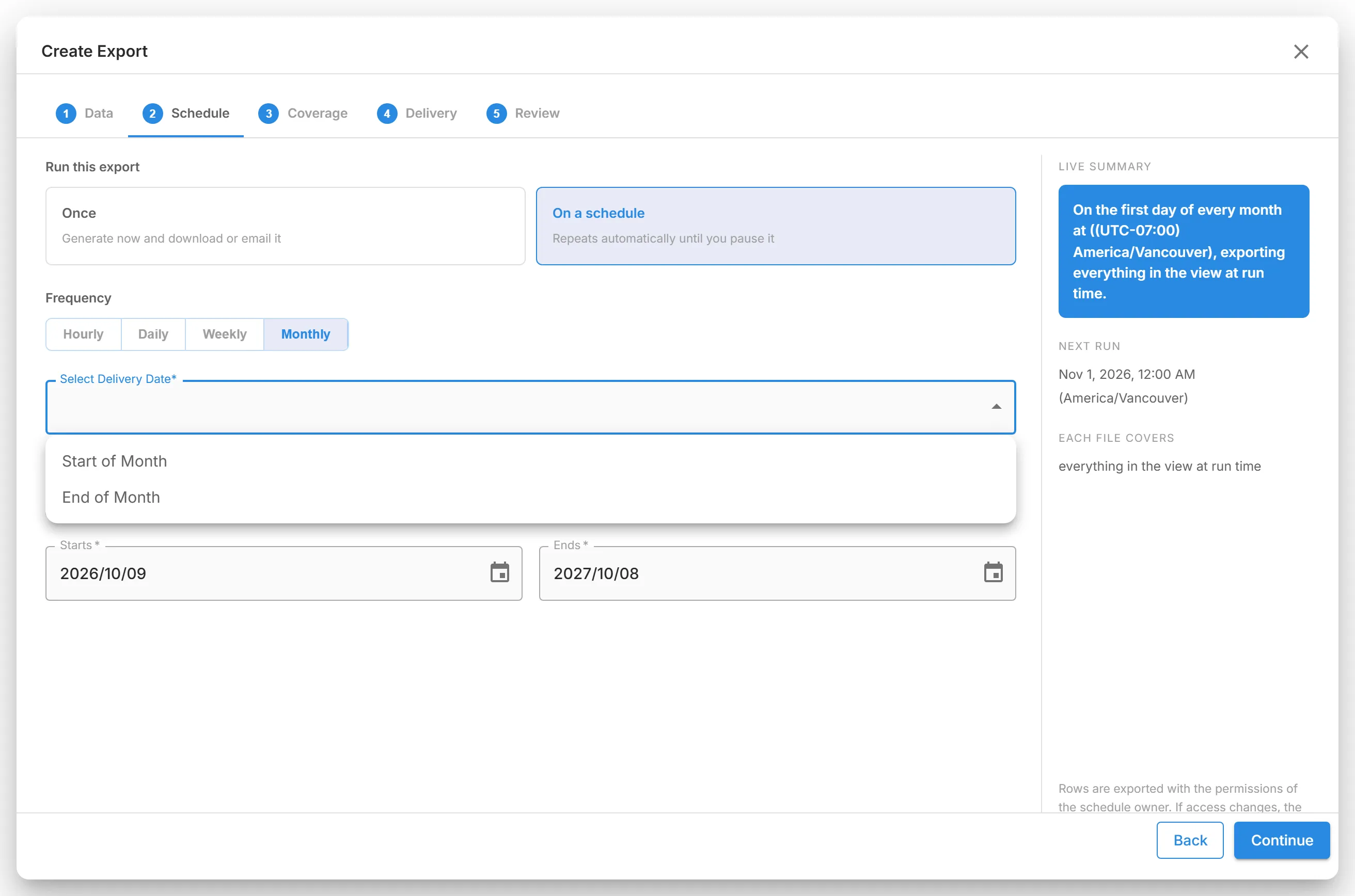 The "Schedule" step with "Monthly" chosen and the "Select Delivery Date" list open on "Start of Month" and "End of Month".