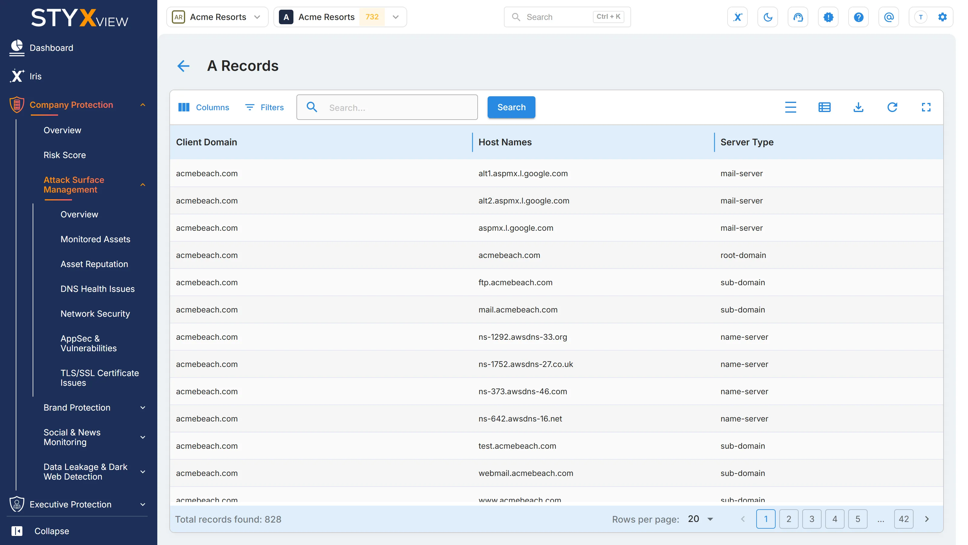 The "A Records" list that the "DNS" card opens, with each record's client domain, host name, and server type.