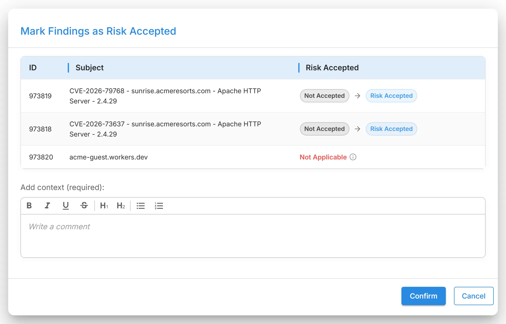 The "Mark Findings as Risk Accepted" dialog for three selected findings: two vulnerabilities move from "Not Accepted" to "Risk Accepted", a lookalike domain is "Not Applicable", and the "Add context (required):" box is empty.