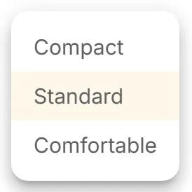 The Density menu of the Findings table toolbar, with "Compact", "Standard", and "Comfortable".