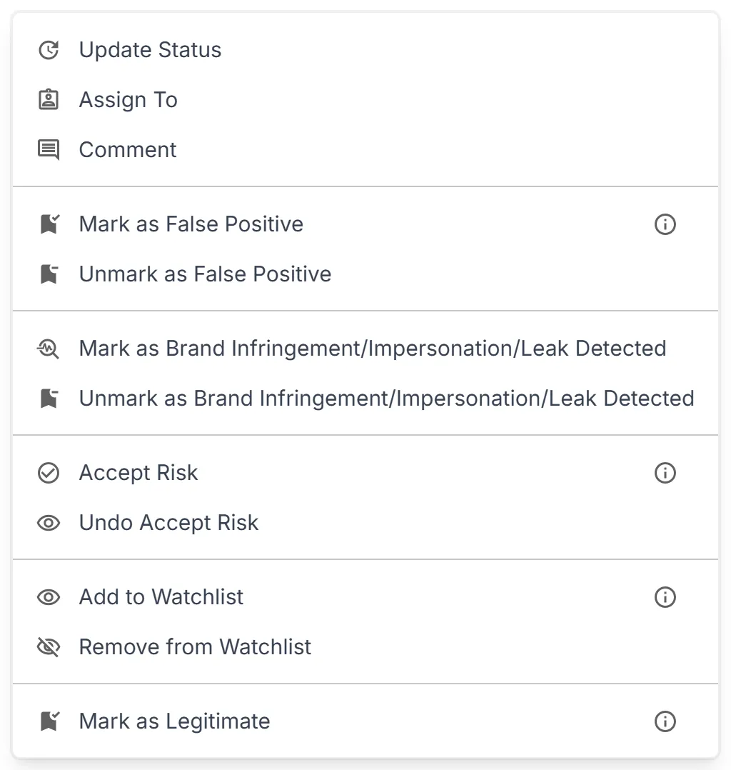 The "Actions" menu on the "Findings" page with three findings selected, from "Update Status" to "Mark as Legitimate"; each mark except "Mark as Legitimate" is followed by the action that reverses it.