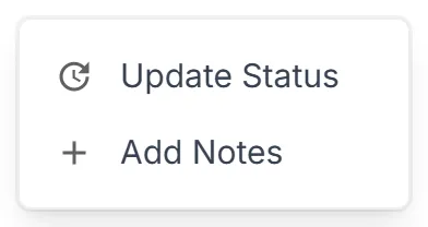 The "Actions" menu on the Alerts page with one alert selected, with "Update Status" and "Add Notes".