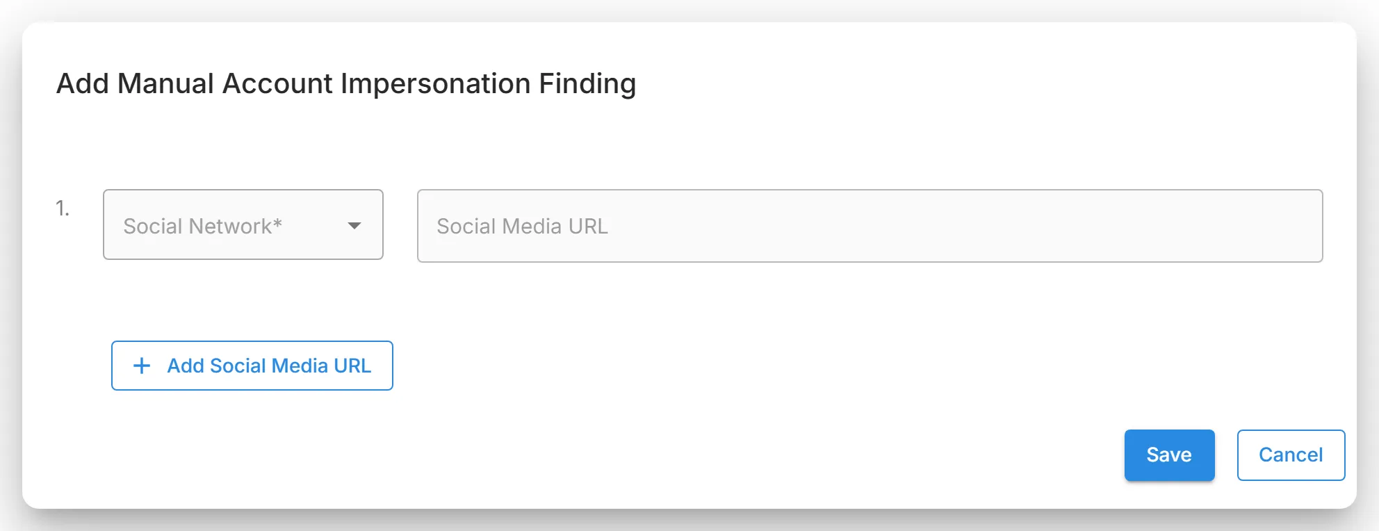 The "Add Manual Account Impersonation Finding" dialog, with the "Social Network" and "Social Media URL" fields and "Add Social Media URL".