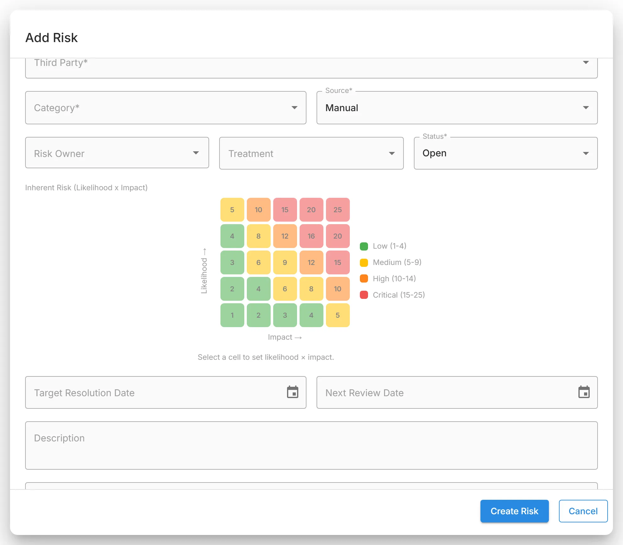 The "Add Risk" dialog scrolled to the "Inherent Risk (Likelihood x Impact)" matrix, where selecting a cell sets the risk's rating.