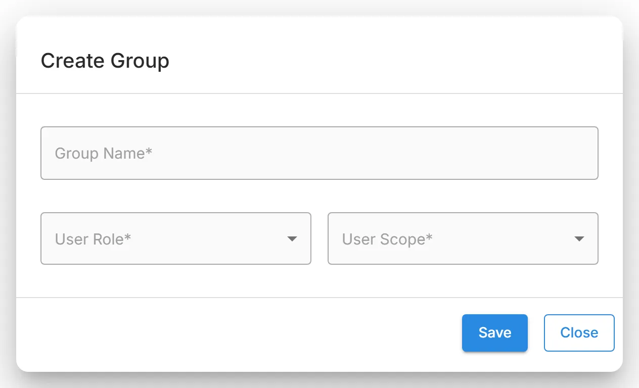 The empty "Create Group" dialog, with the "Group Name", "User Role", and "User Scope" fields.