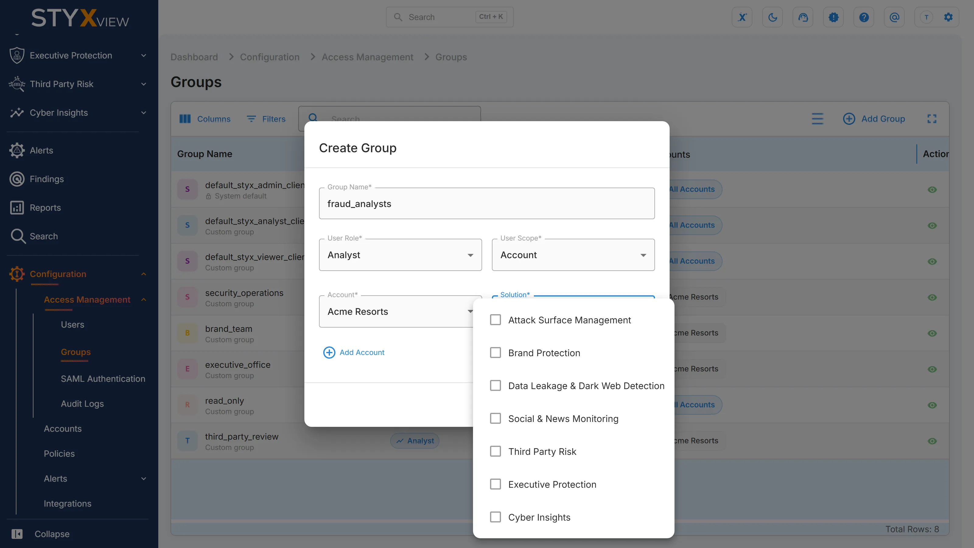 The "Create Group" dialog for an Analyst group with "Account" scope, with the "Solution" list open for the chosen account.