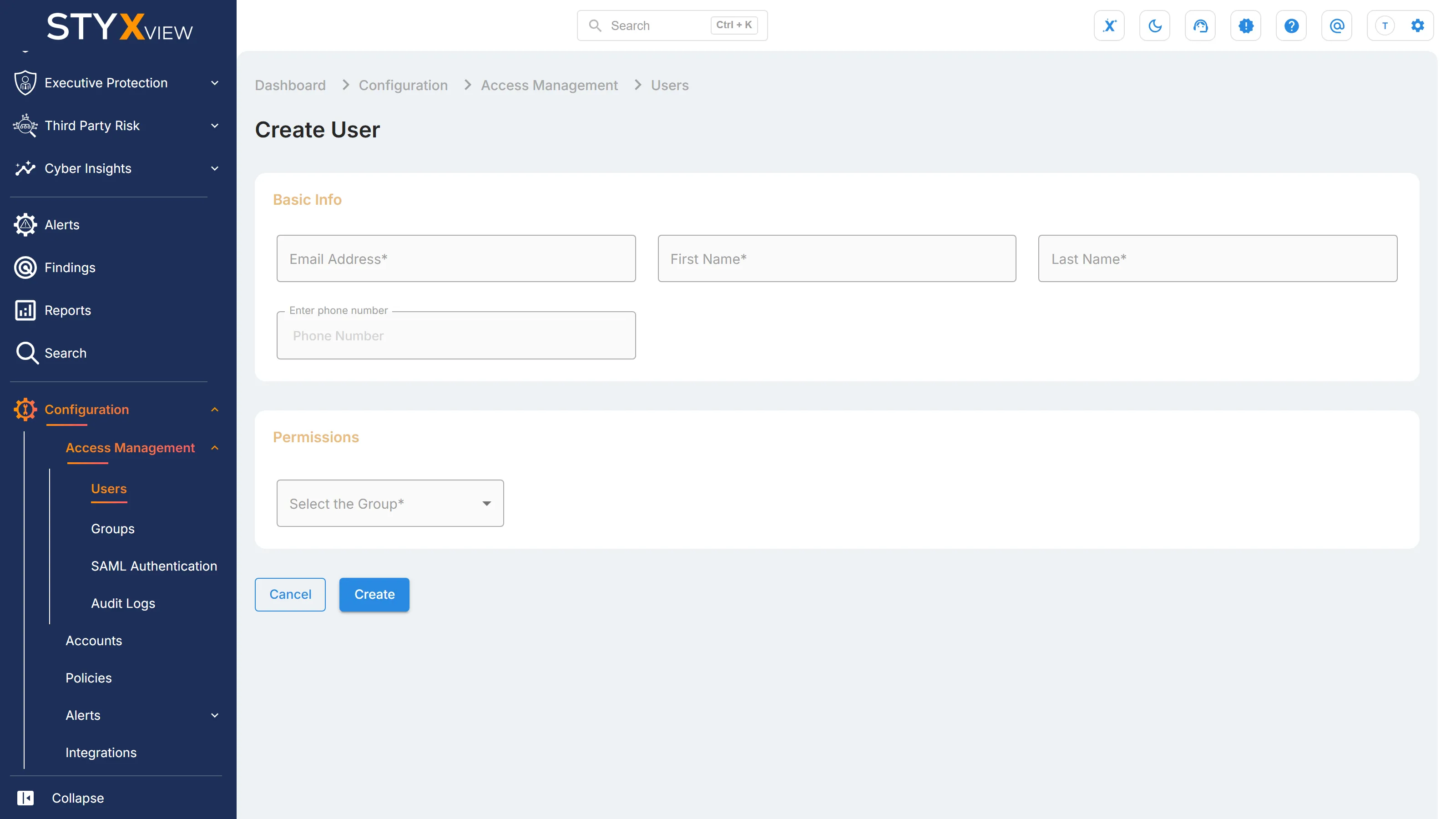 The "Create User" page, with the "Basic Info" fields and the "Select the Group" list under "Permissions".