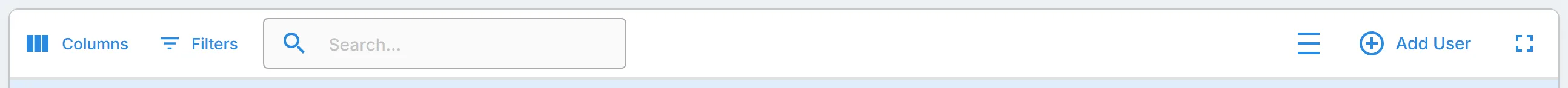 The toolbar above the "Users" list, with "Columns", "Filters", "Search...", and the "Add User" button.