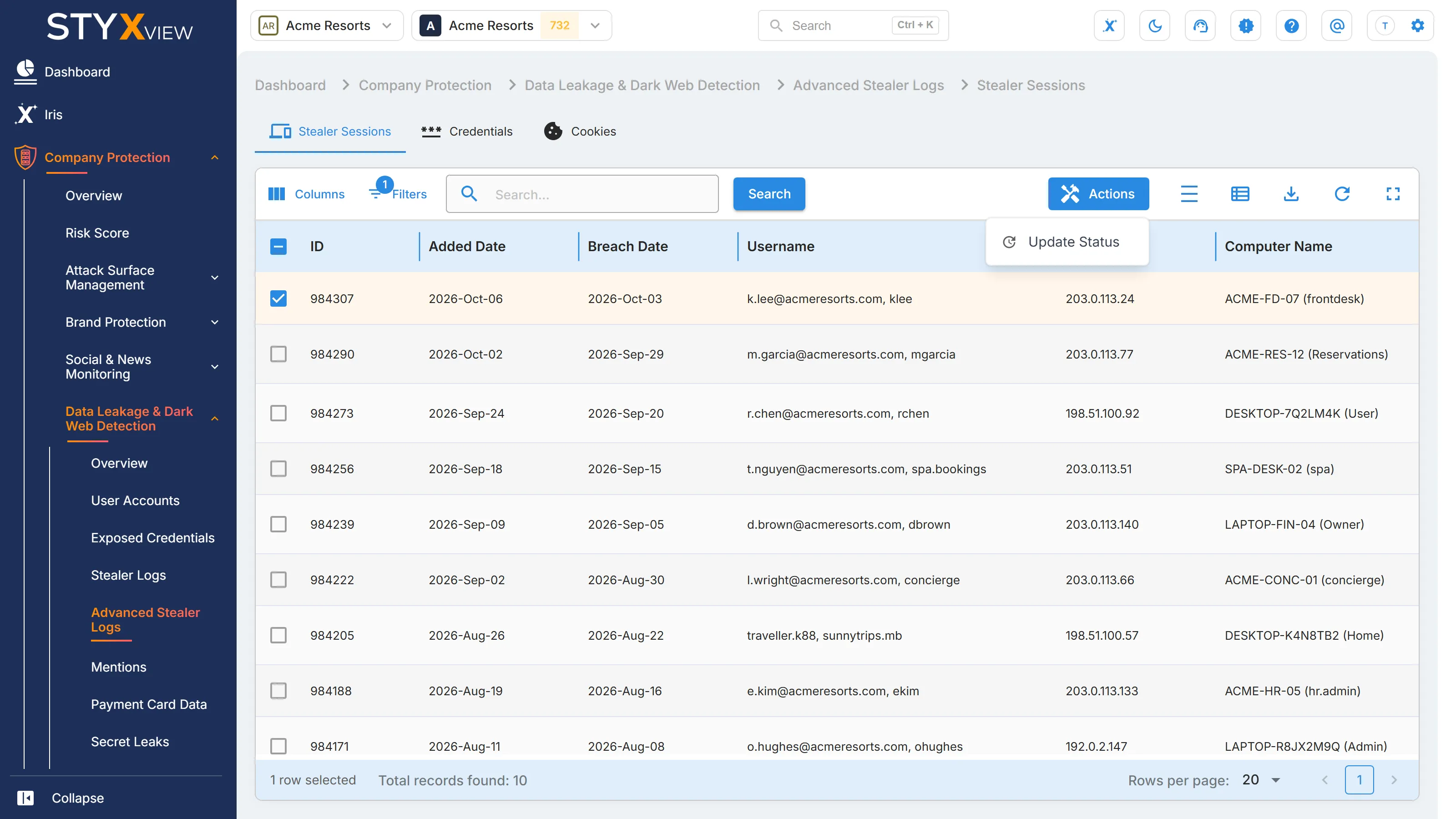 The "Stealer Sessions" tab with one session selected and the "Actions" menu open on "Update Status".