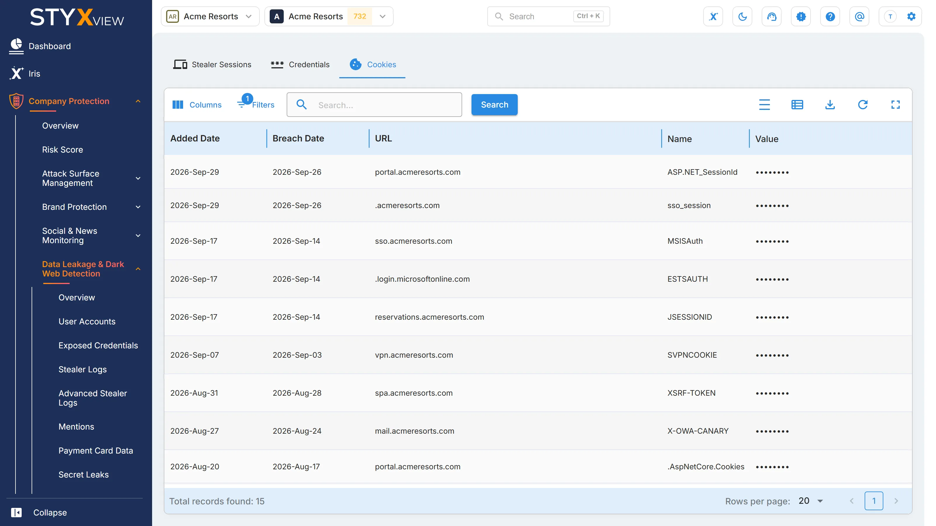 The "Cookies" tab of "Advanced Stealer Logs", listing each browser cookie taken in a stealer session with its dates, site address, name, and value.