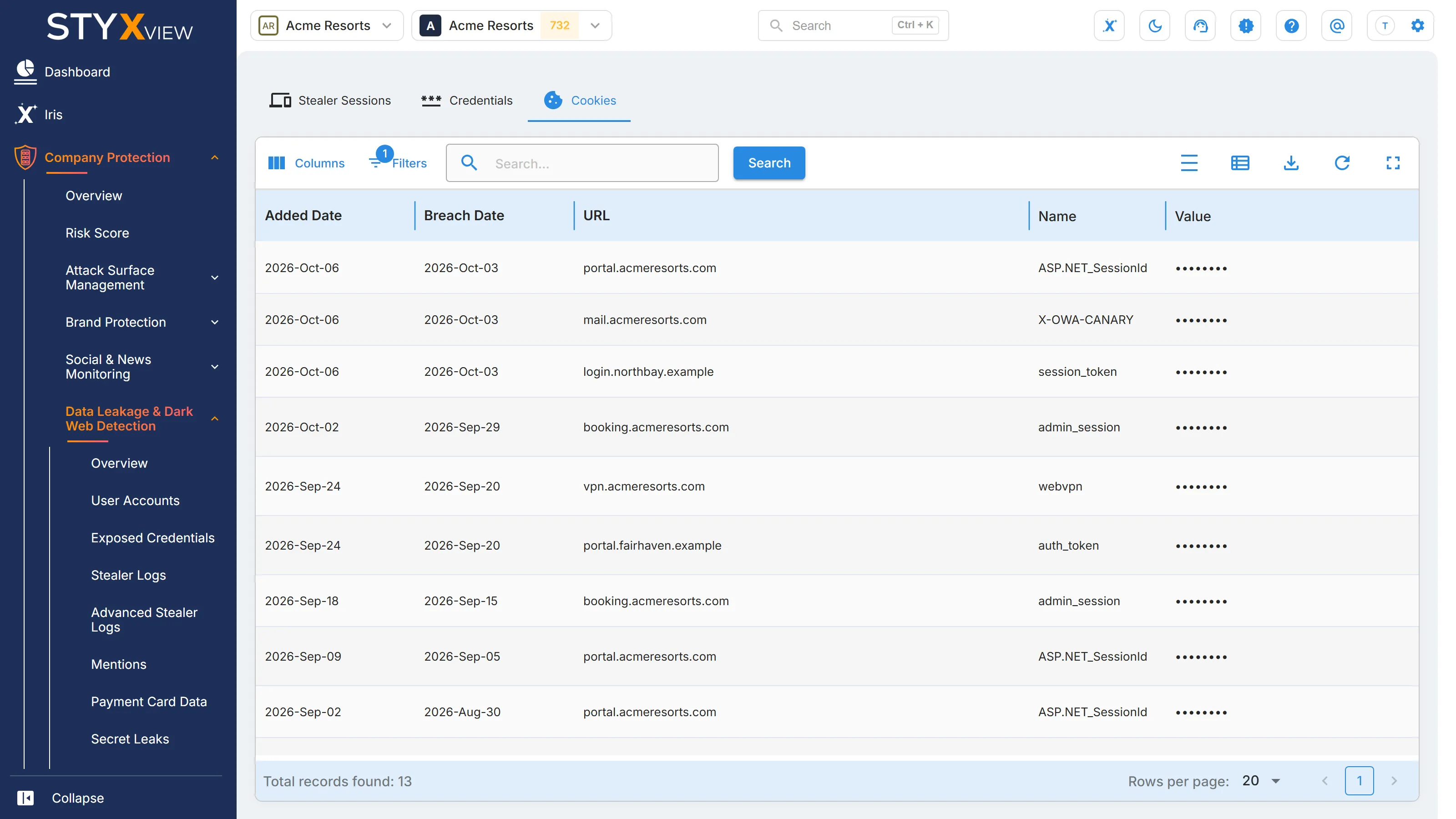 The "Cookies" tab of "Advanced Stealer Logs", listing each cookie taken with its dates, URL, name, and a blanked value.