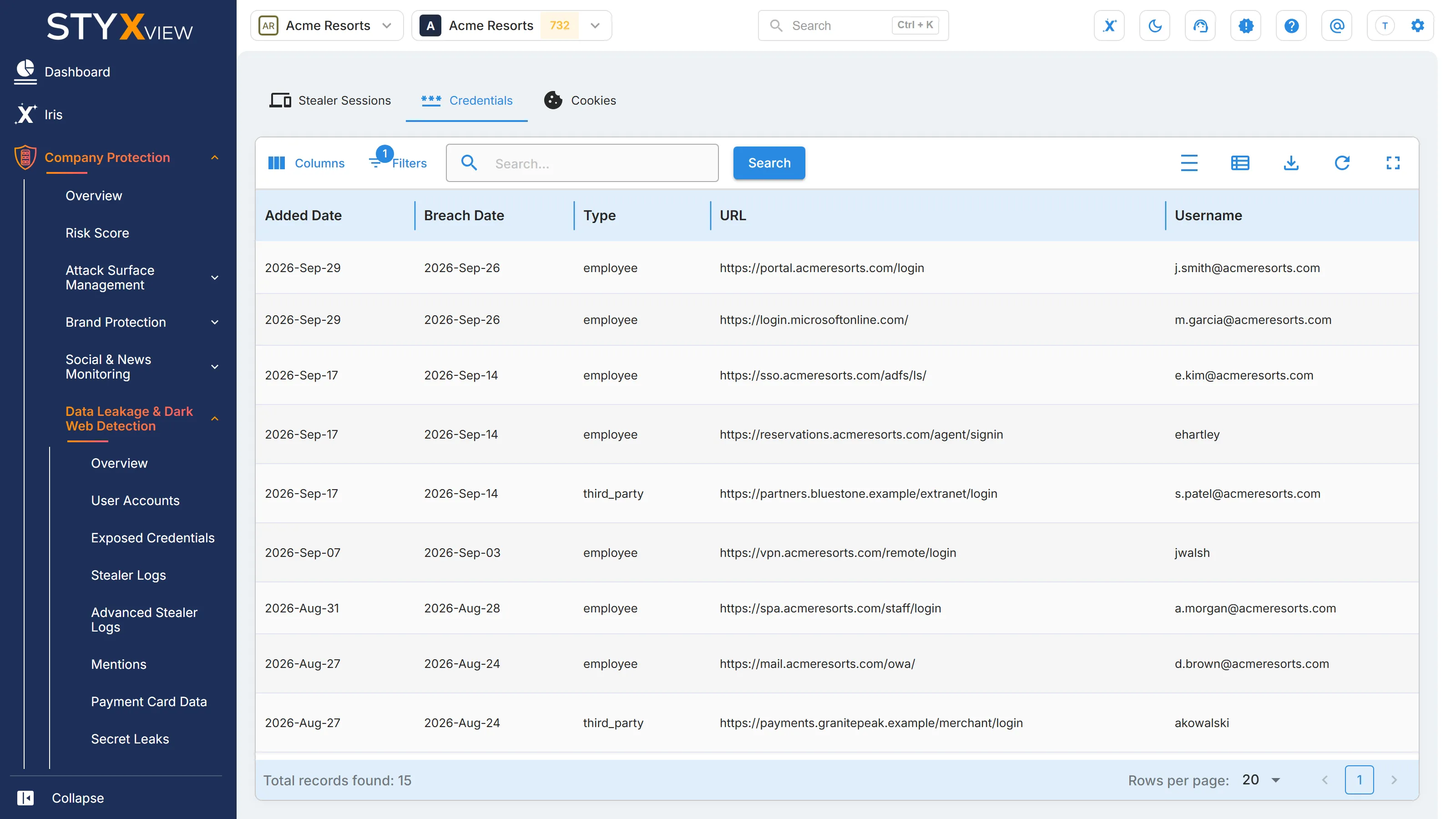 The "Credentials" tab of "Advanced Stealer Logs", listing each credential taken in a stealer session with its dates, type, site address, and username.