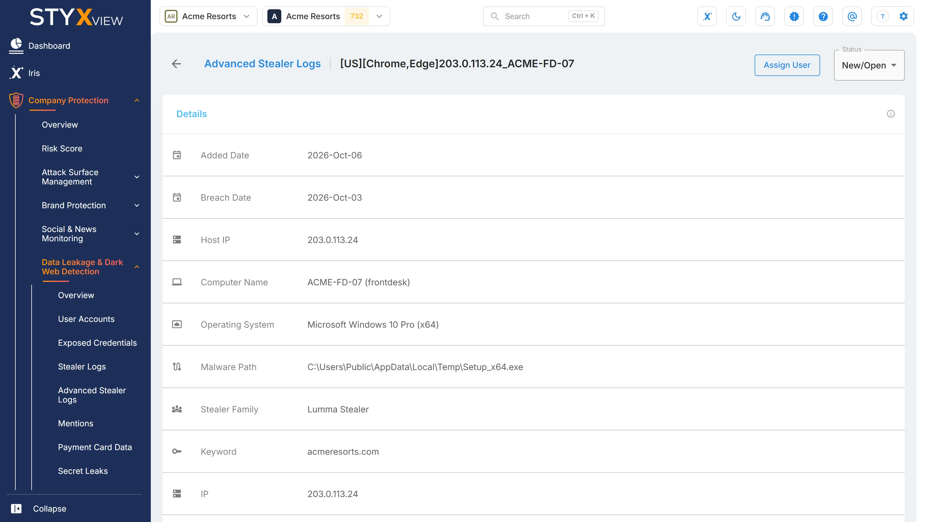 A stealer session's page, with "Assign User" and the "Status" list at the top right and the session's "Details" below.