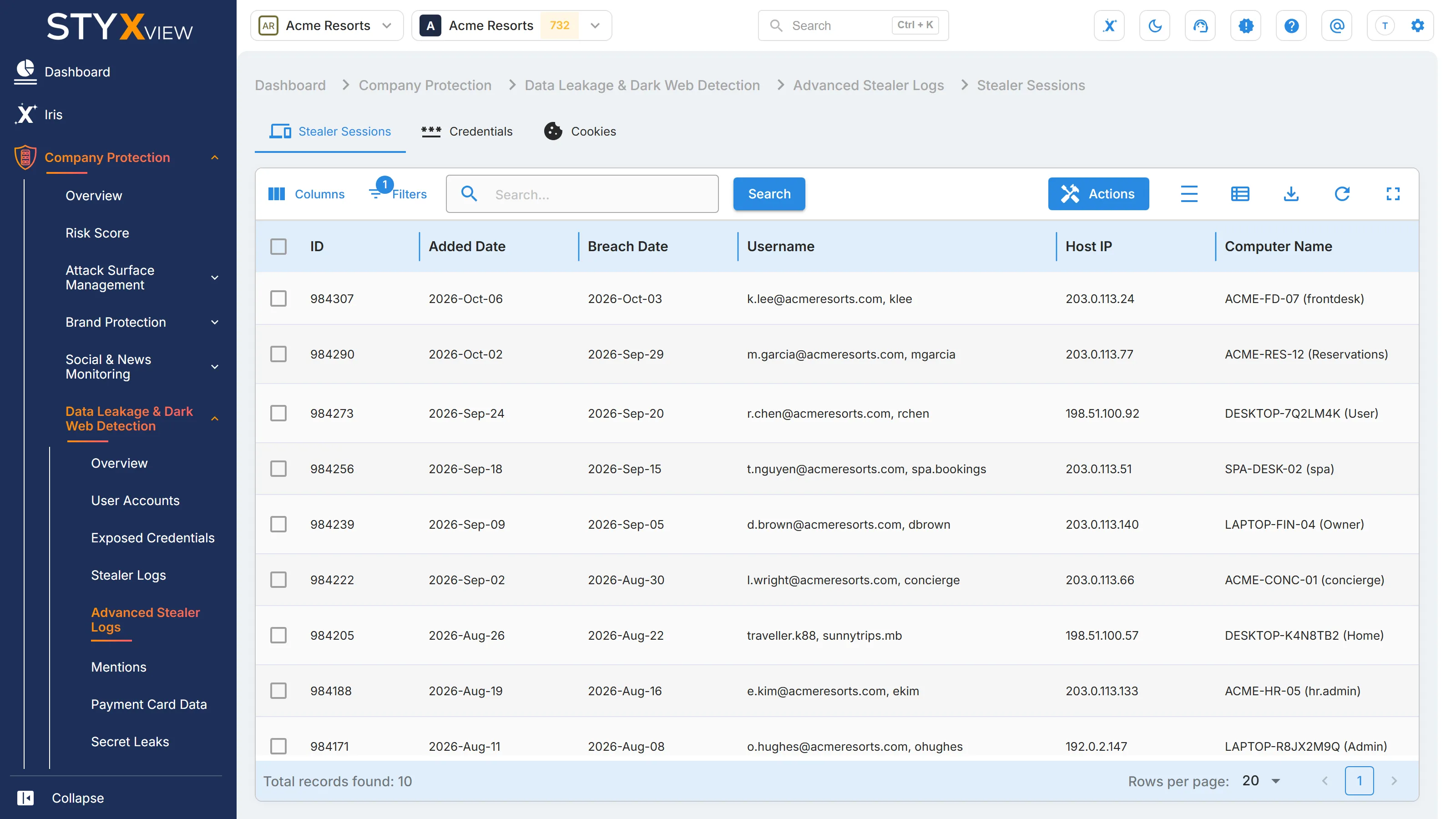 The "Stealer Sessions" tab of "Advanced Stealer Logs", listing each infected device session with its finding ID, dates, usernames, host IP, and computer name.
