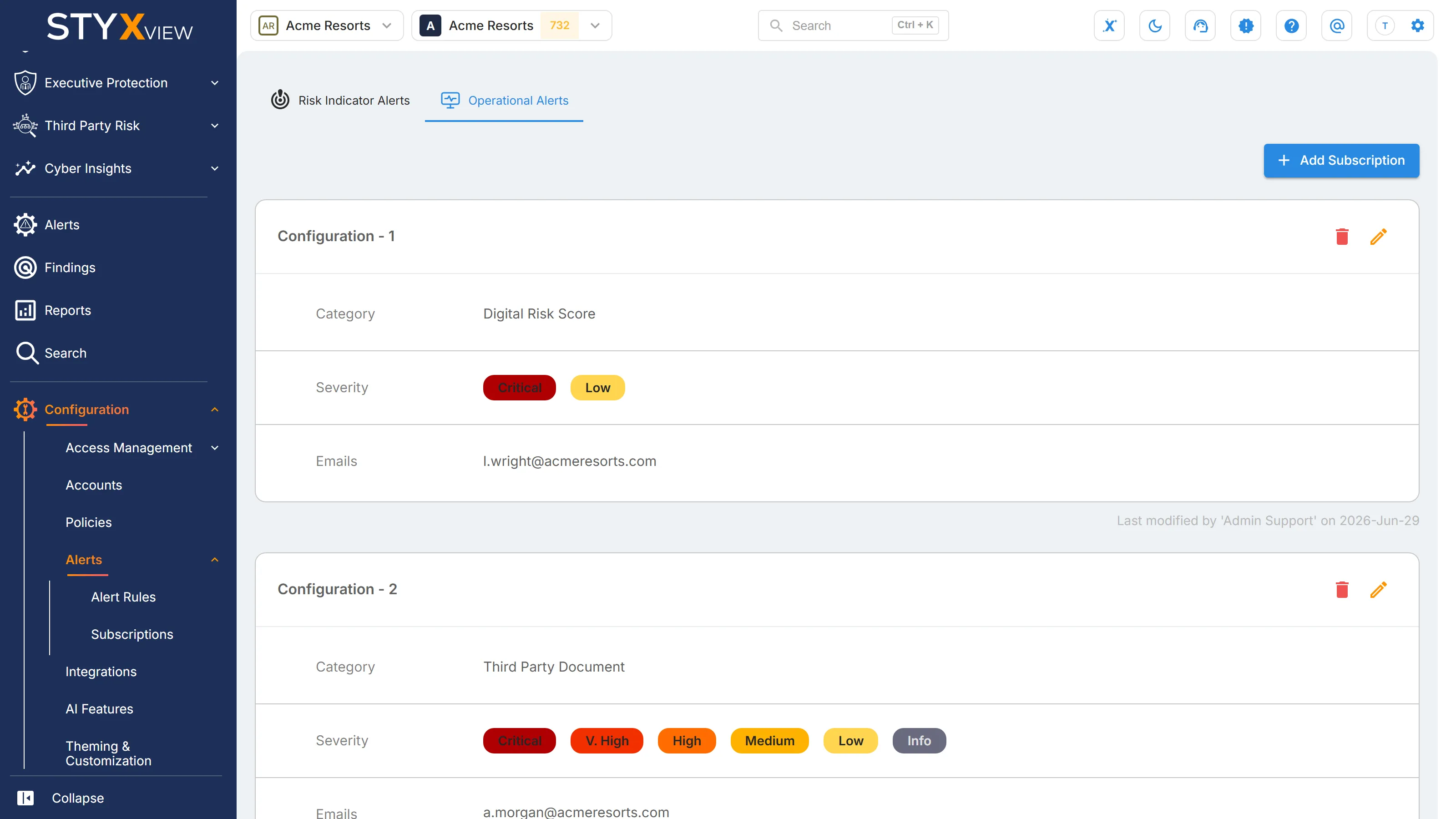 The "Operational Alerts" tab of "Subscriptions", for platform events such as Digital Risk Score changes and watchlist events.