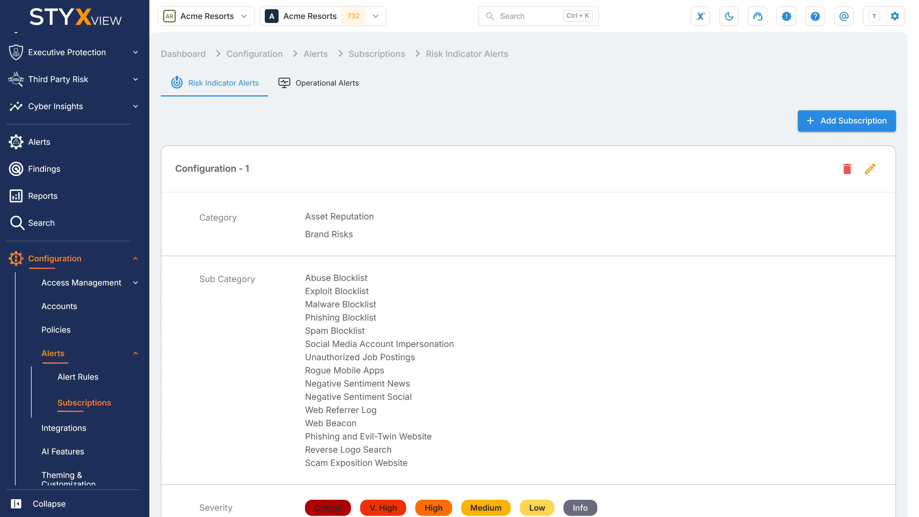 The "Risk Indicator Alerts" tab of "Subscriptions", with a subscription's categories, sub categories, and severities.