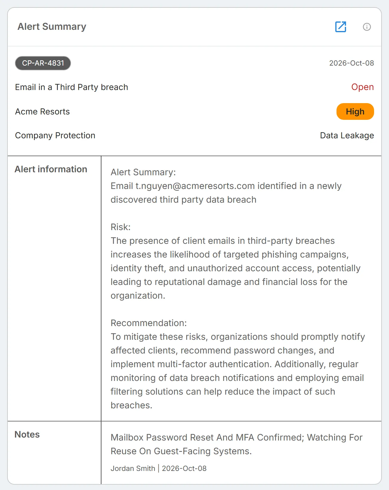 The "Alert Summary" card for the selected alert, with its ticket number, status, severity, and solution, then "Alert information" and "Notes".