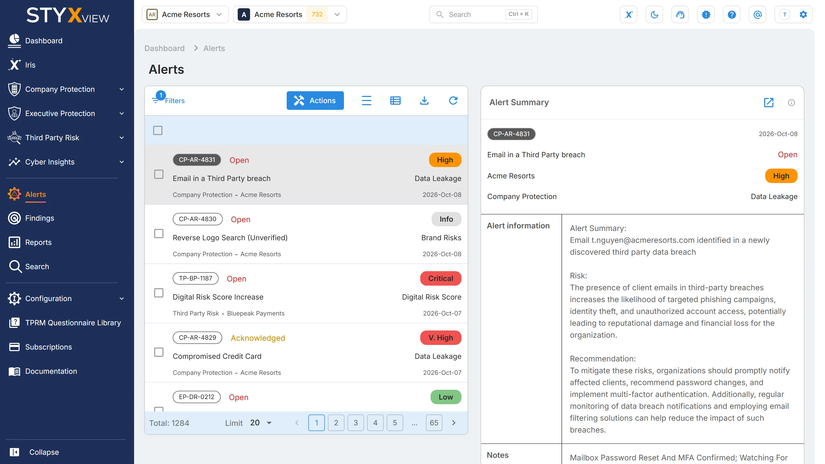The "Alerts" page, with the list of alerts on the left and the "Alert Summary" of the selected alert on the right.