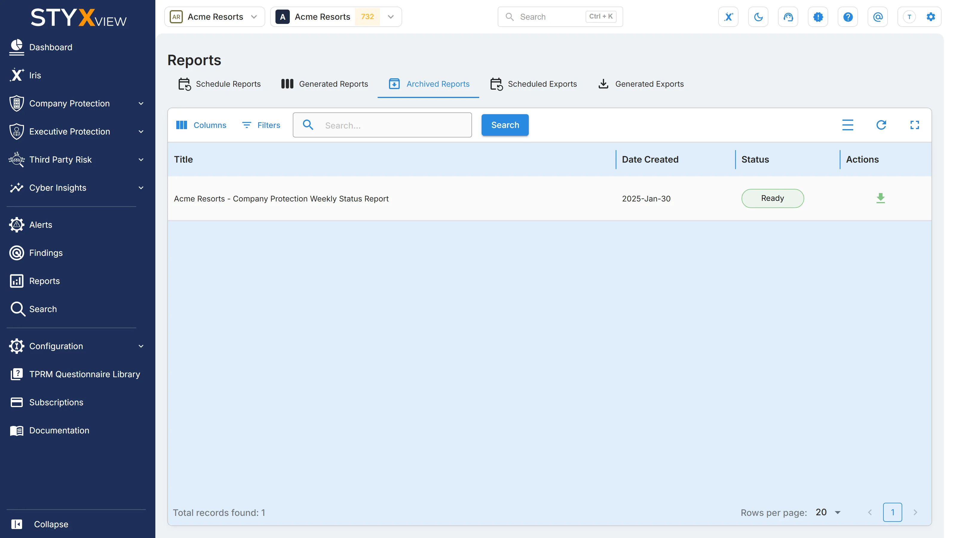 The "Archived Reports" tab, with older reports listed by title, date created, and status, each with a download icon.
