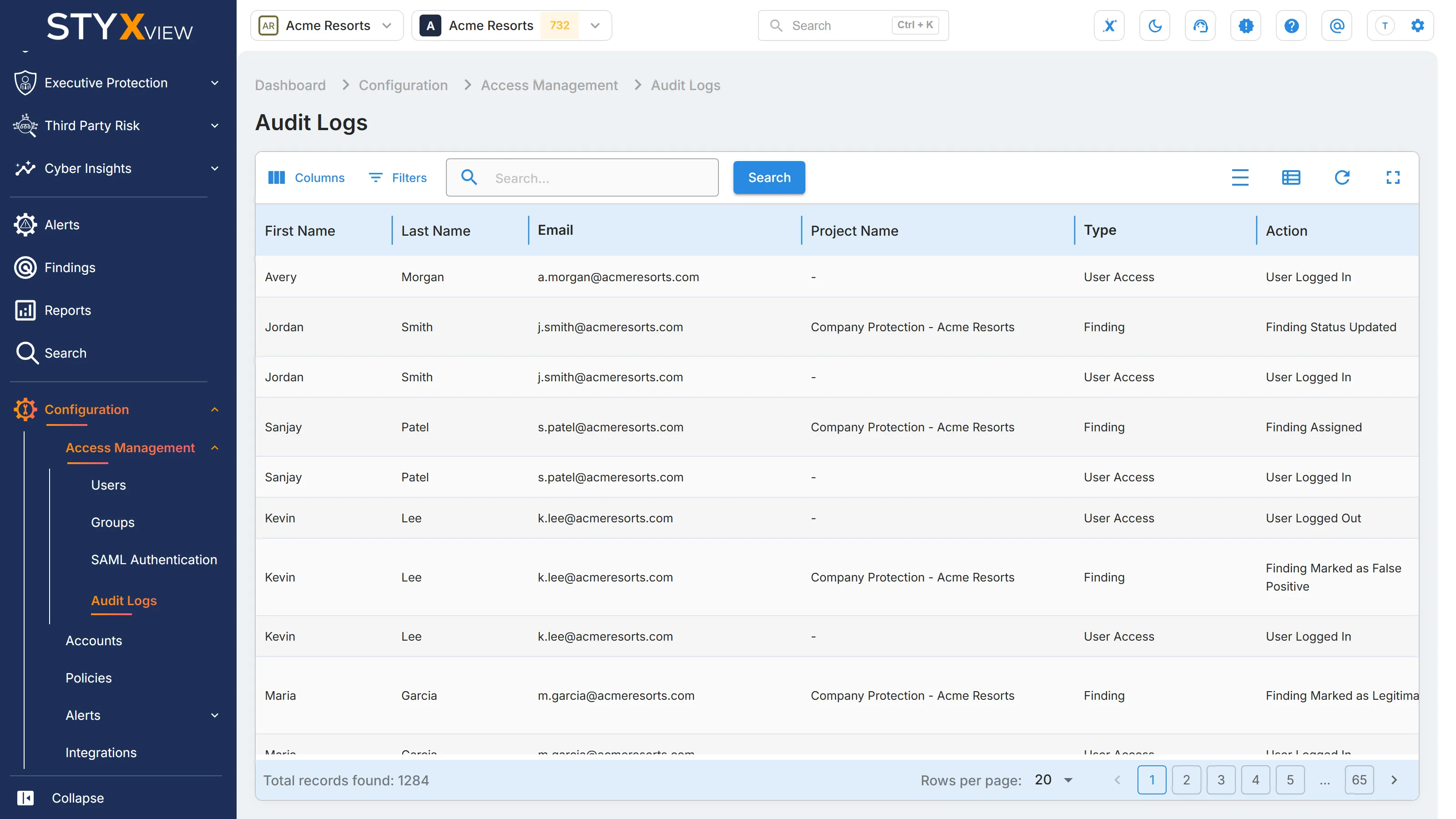 The "Audit Logs" page, with each entry's first name, last name, email, project, type, and action, and the number of records found below.