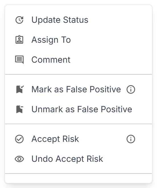 The "Actions" menu for a selected finding, with "Update Status", "Assign To", "Comment", "Mark as False Positive", and "Accept Risk".