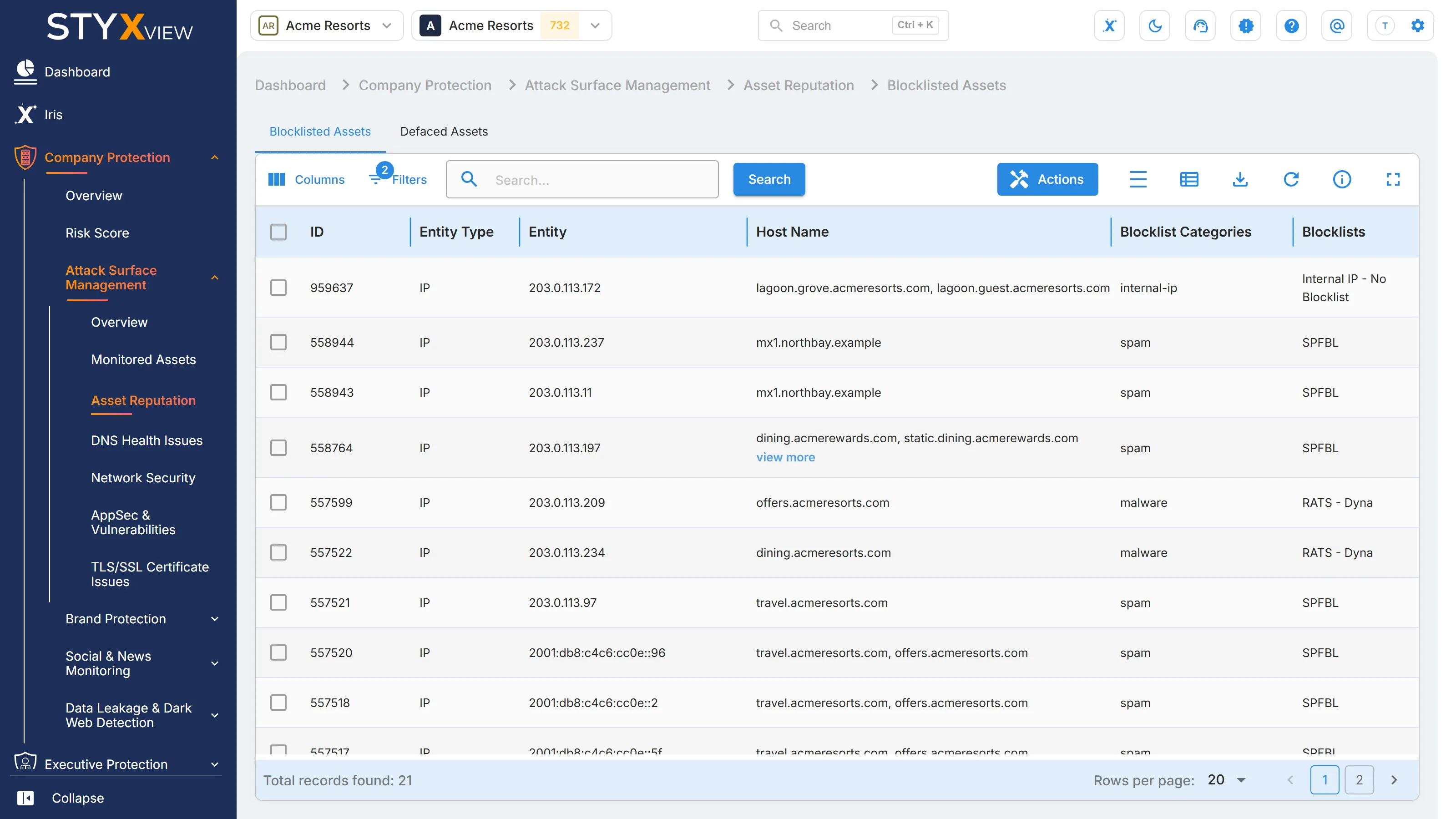 The "Blocklisted Assets" tab, listing each blocklisted entity with its hosts, blocklist categories, and blocklists.