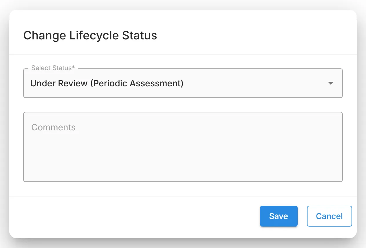 The "Change Lifecycle Status" dialog, with the "Select Status" field and an optional "Comments" box.