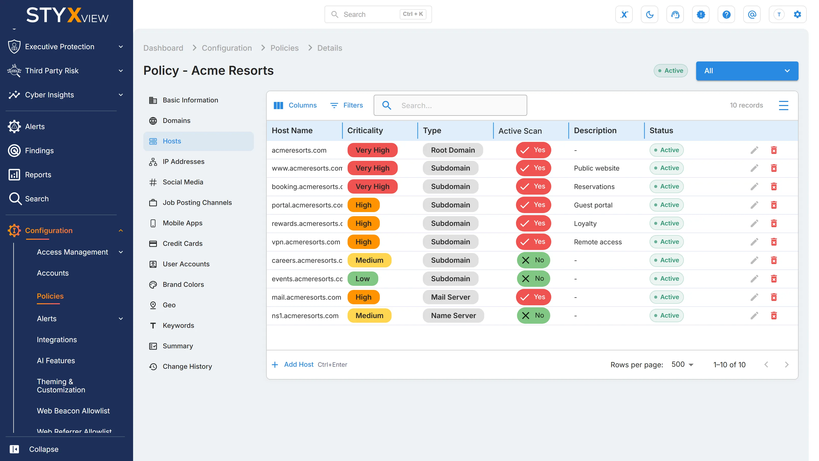 The "Hosts" section of a Company Protection policy in edit mode, with each host's type, "Active Scan" setting, and status.