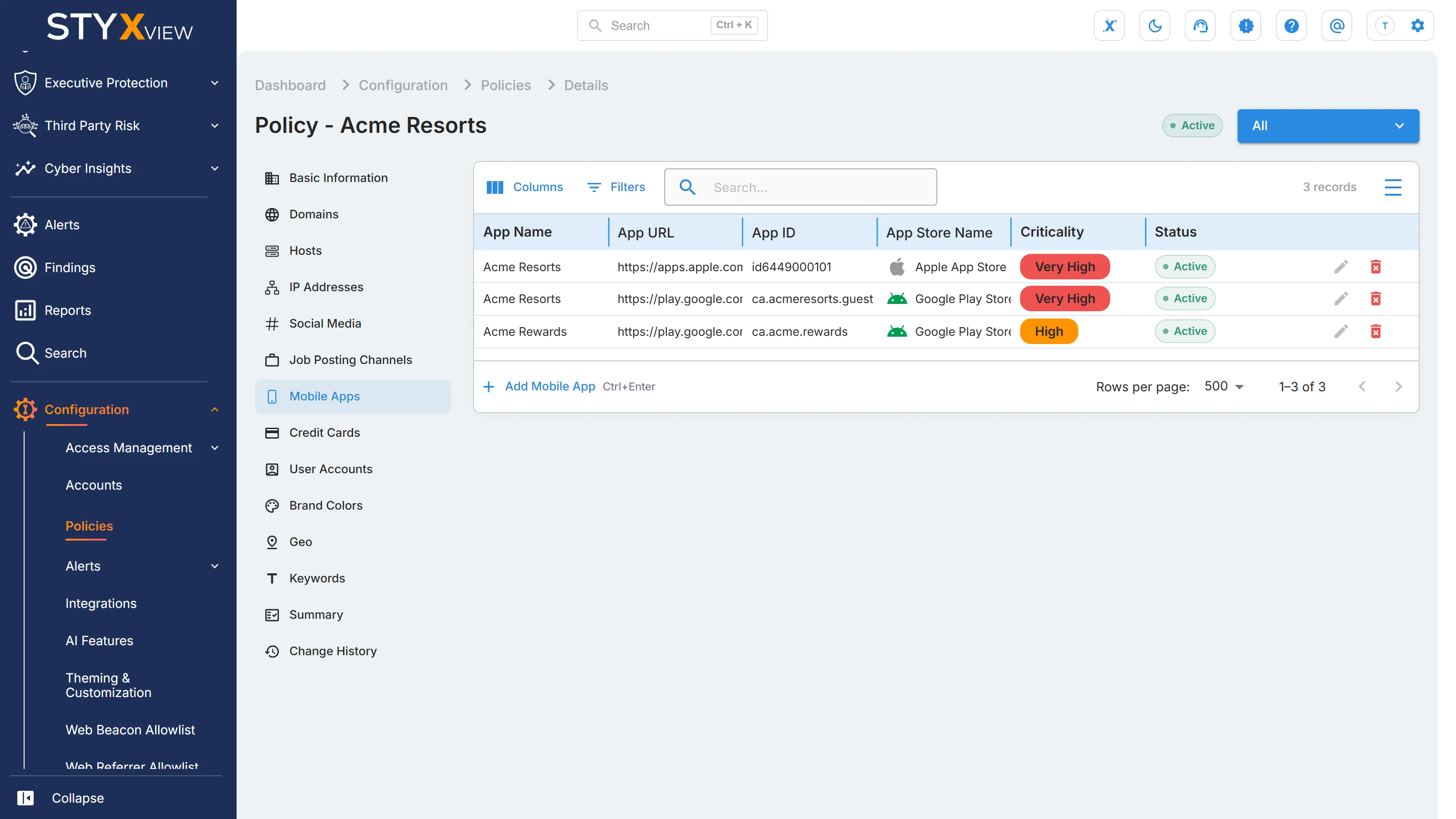 The "Mobile Apps" section of a Company Protection policy in edit mode, with each app's store, criticality, and status.