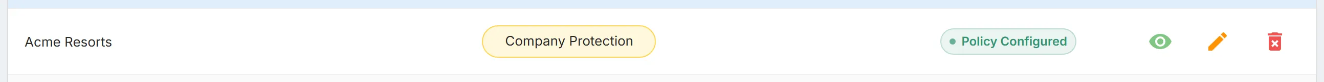 A configured Company Protection policy in the "Policies" list, with the "Policy Configured" status and its view, edit, and delete icons.
