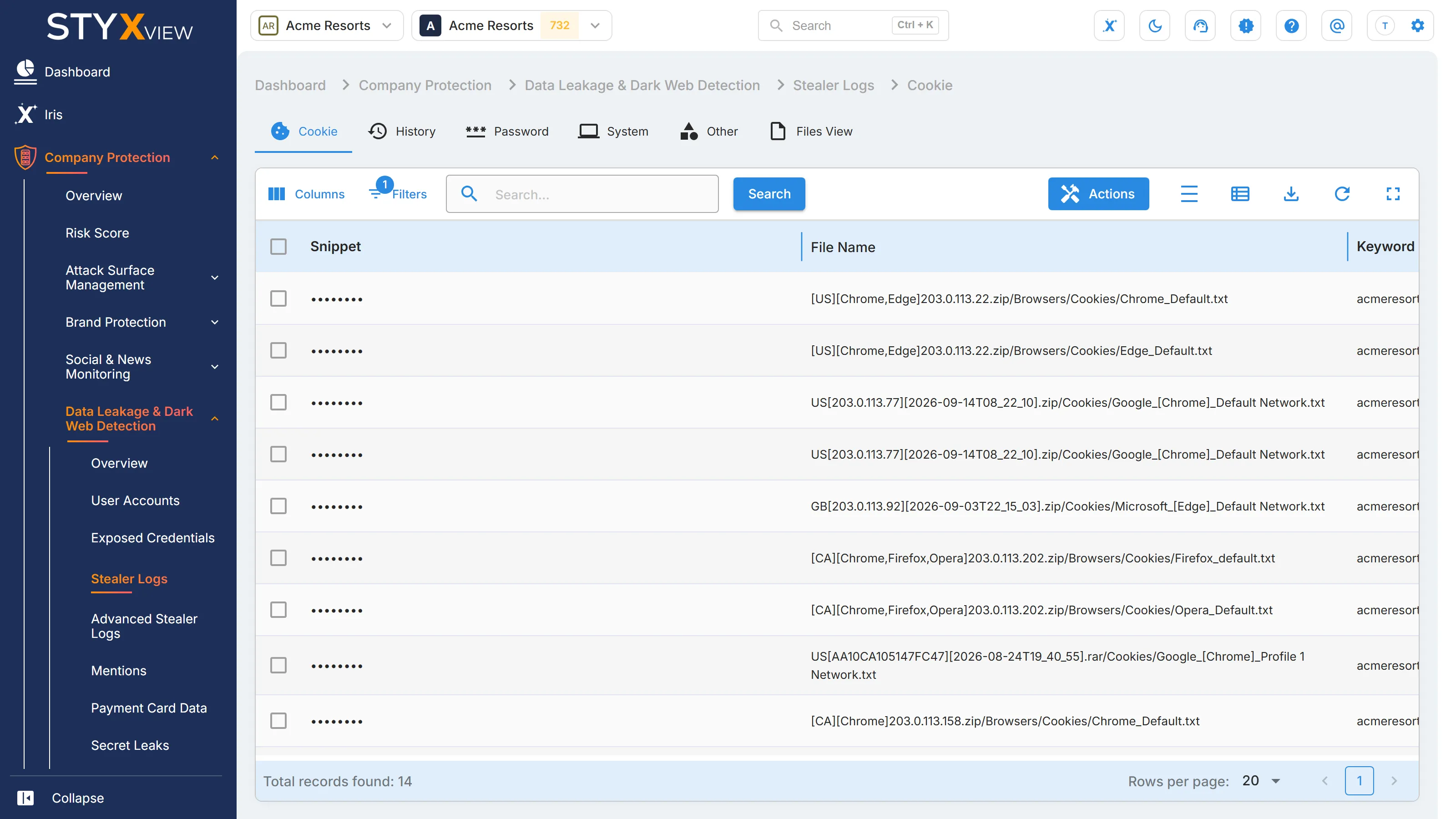 The "Cookie" tab of "Stealer Logs", listing each stolen browser cookie as found, with the stealer log file it came from.