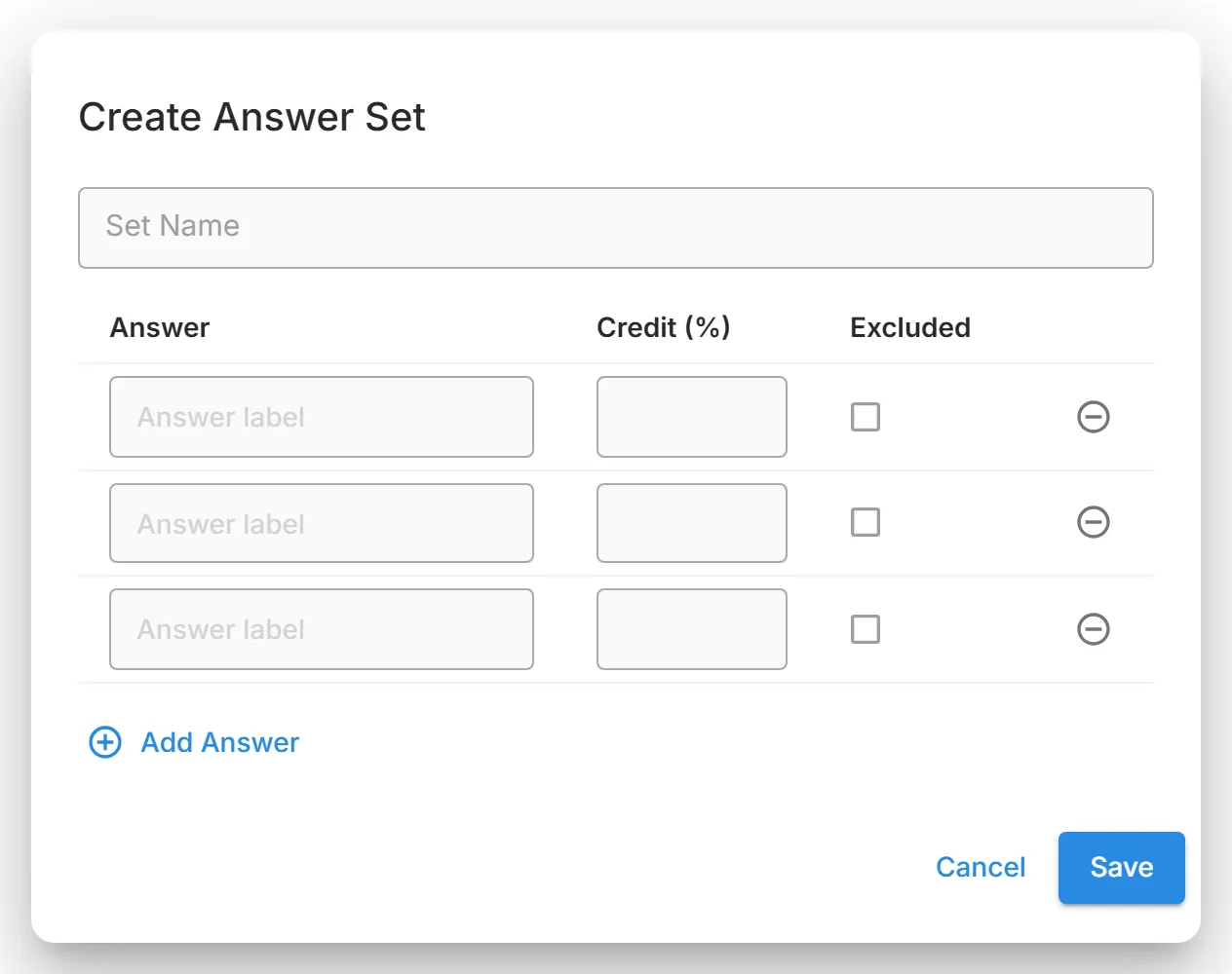 The "Create Answer Set" dialog, with "Set Name" and a row for each answer with its "Credit (%)" and "Excluded" setting.