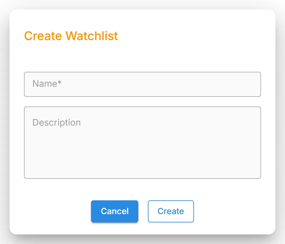 The "Create Watchlist" form, with the "Name" and "Description" fields.