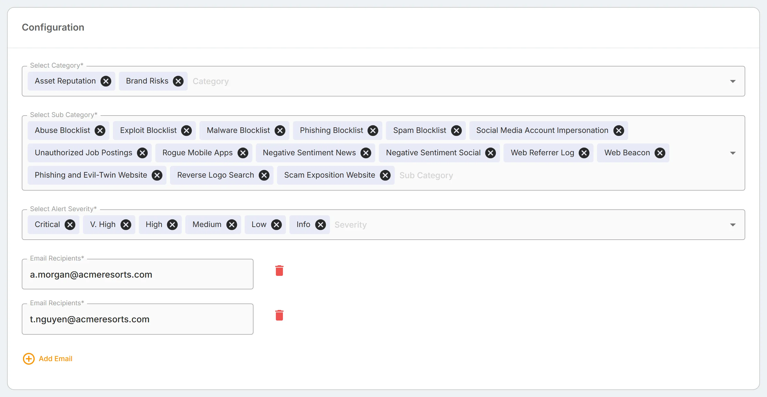 The "Configuration" form for a subscription, with "Select Category", "Select Sub Category", "Select Alert Severity", and "Email Recipients".