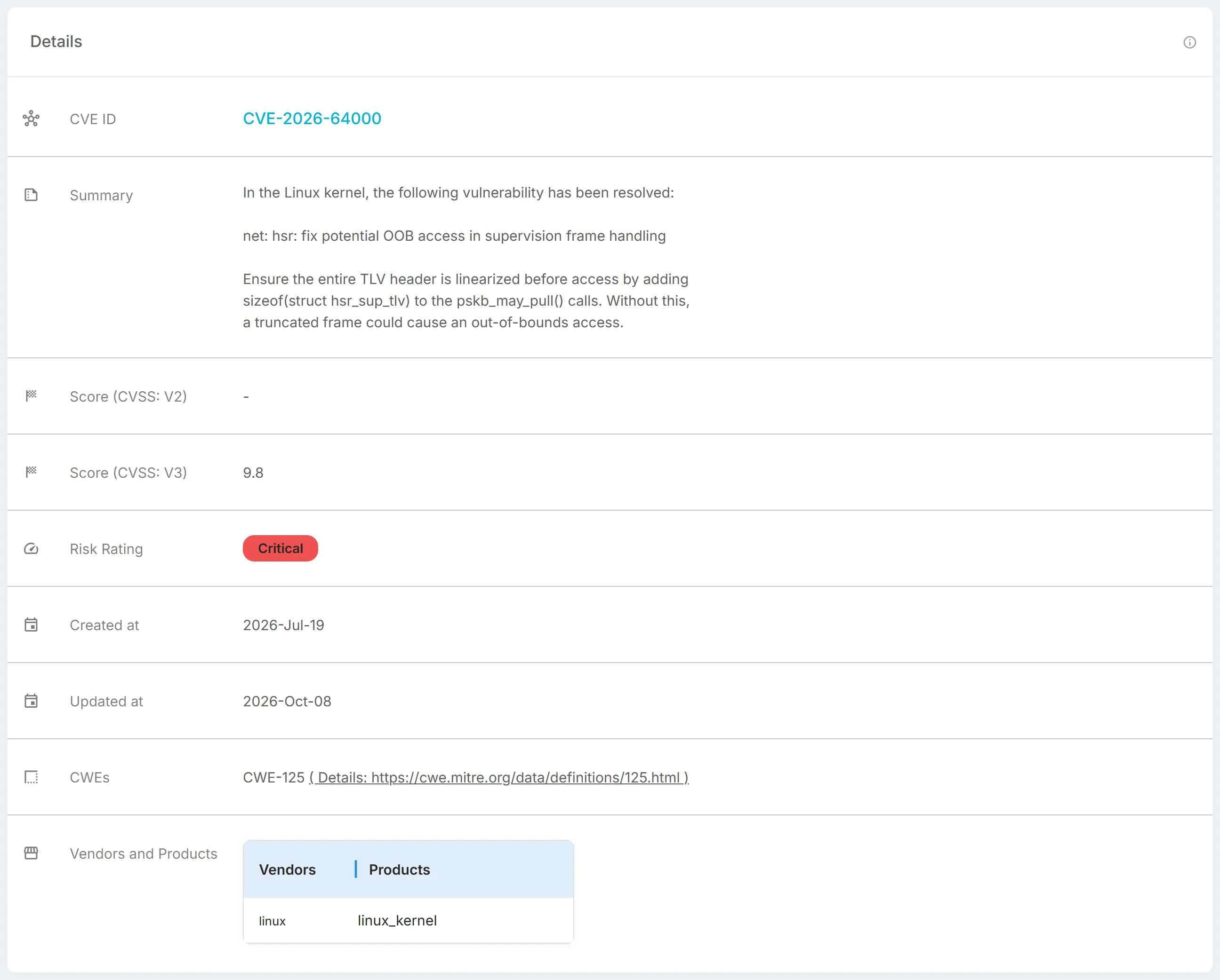 A CVE record's "Details" panel, with "CVE ID", "Summary", both CVSS scores, "Risk Rating", "Created at", "Updated at", "CWEs", and "Vendors and Products".
