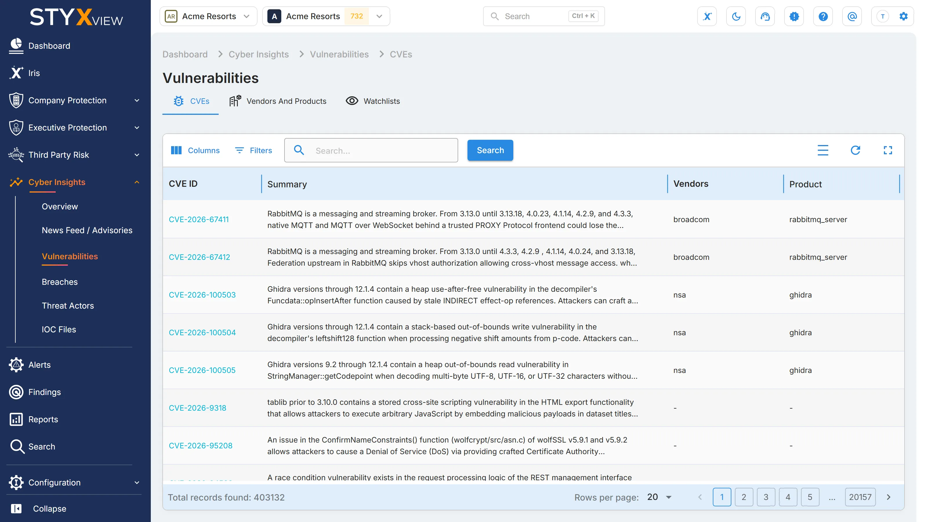 The "CVEs" tab of Vulnerabilities, listing each CVE with its "Summary", "Vendors", and "Product".