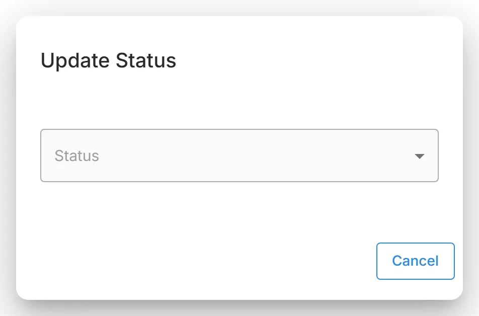 The "Update Status" dialog for a Data Leakage & Dark Web Detection record, before a new "Status" is chosen.