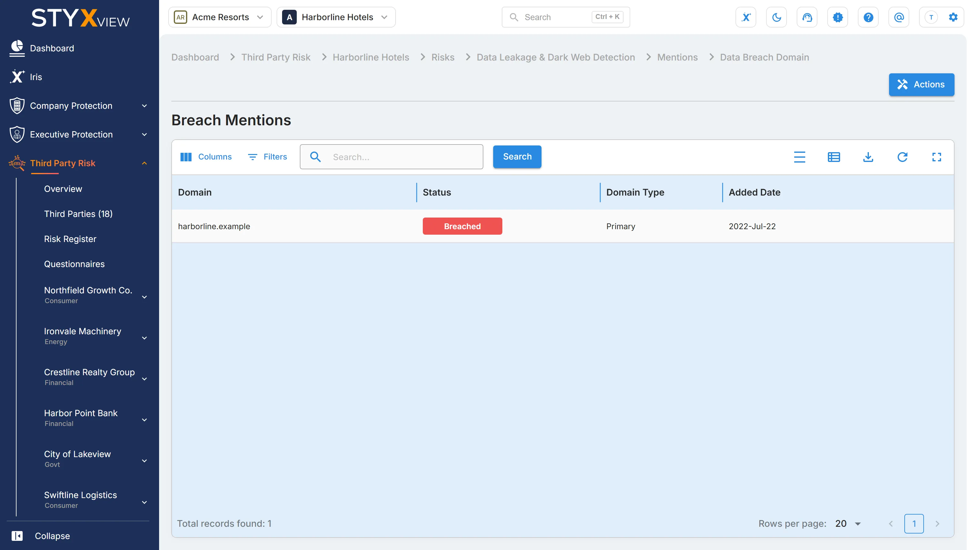 A third party's "Breach Mentions" page, opened from "Mentions" in the sidebar, listing the breach sources that mention its domains.