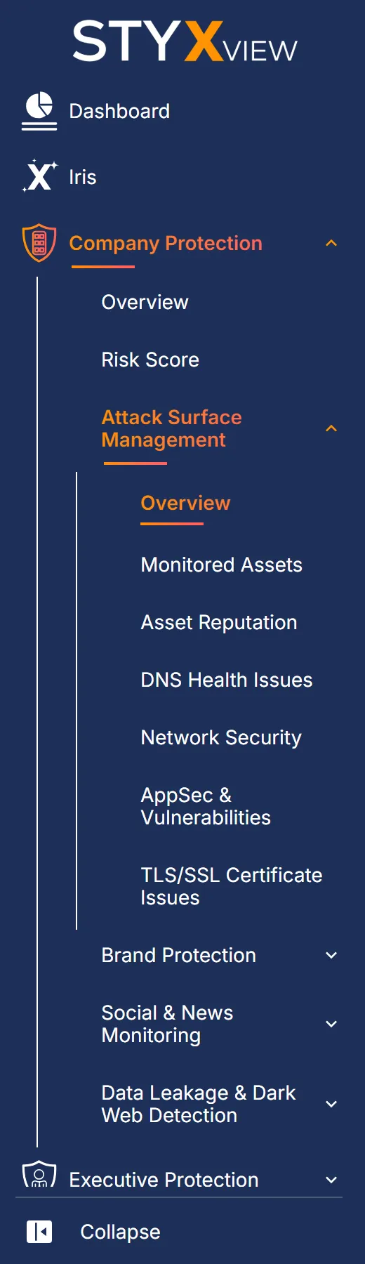 The sidebar with "Attack Surface Management" expanded under "Company Protection", showing its seven pages from "Overview" to "TLS/SSL Certificate Issues".
