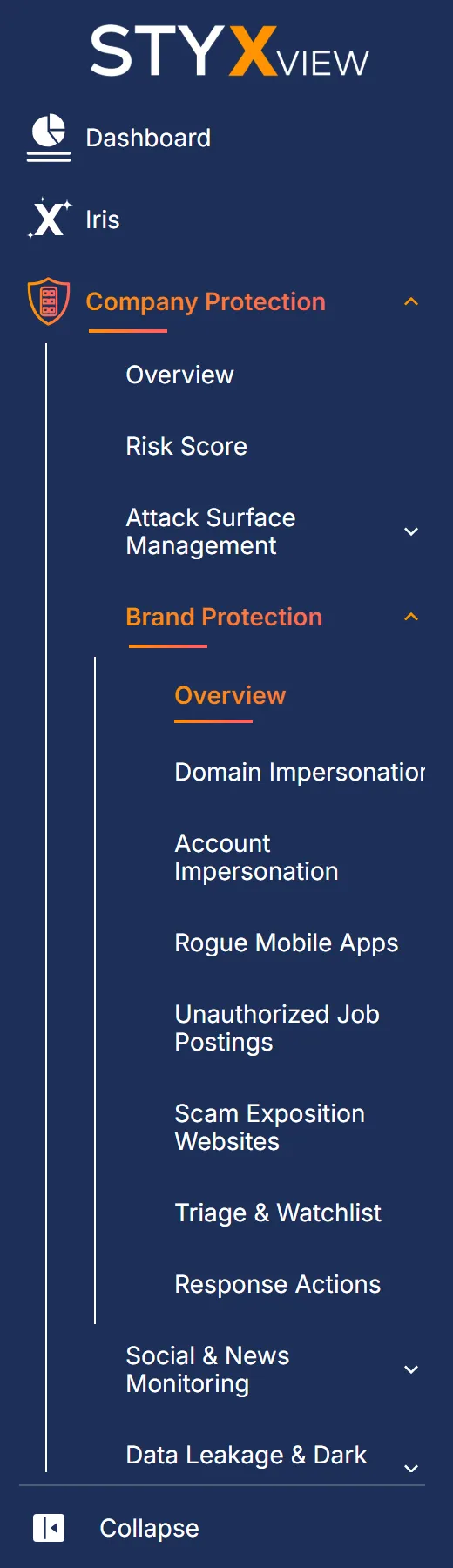 The left menu with "Brand Protection" open under "Company Protection", listing "Overview", "Domain Impersonation", "Account Impersonation", and the other module items.