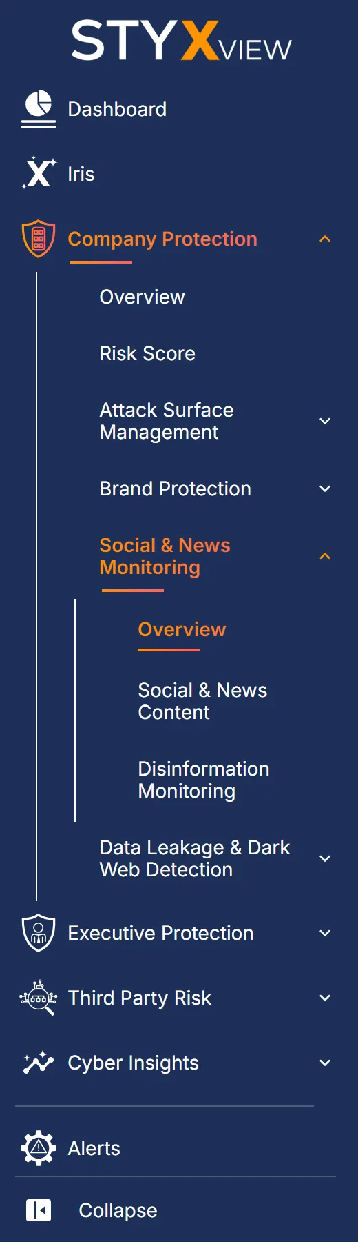 The left menu with the "Social & News Monitoring" group open under "Company Protection" to show "Overview" and "Social & News Content".