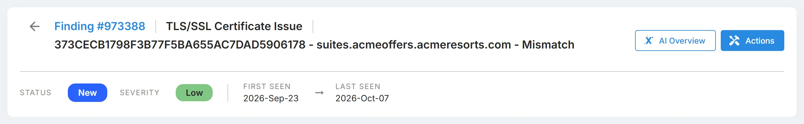 The summary at the top of a finding, with its type, subject, "AI Overview", "Actions", status, severity, and first and last seen dates.