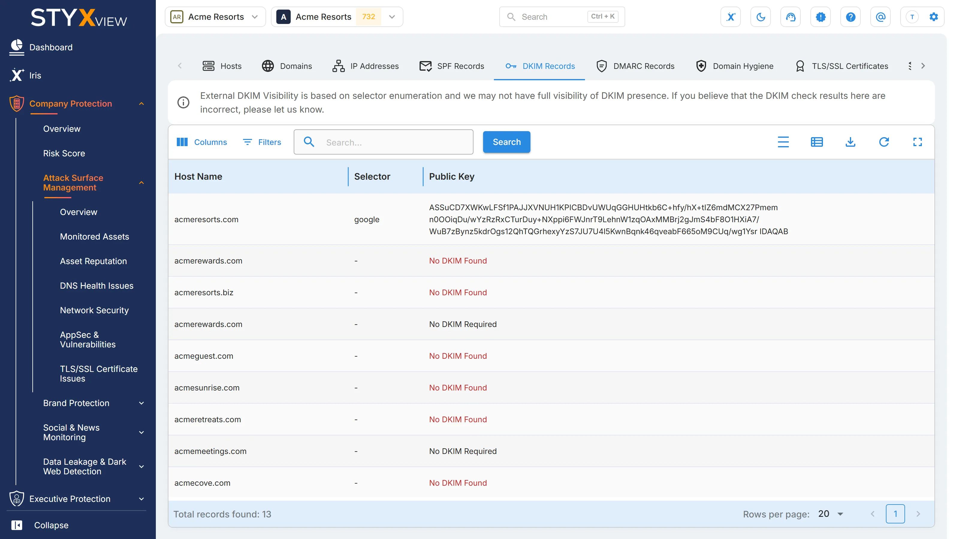 The "DKIM Records" tab, with the selector enumeration notice above each domain's selector and public key.