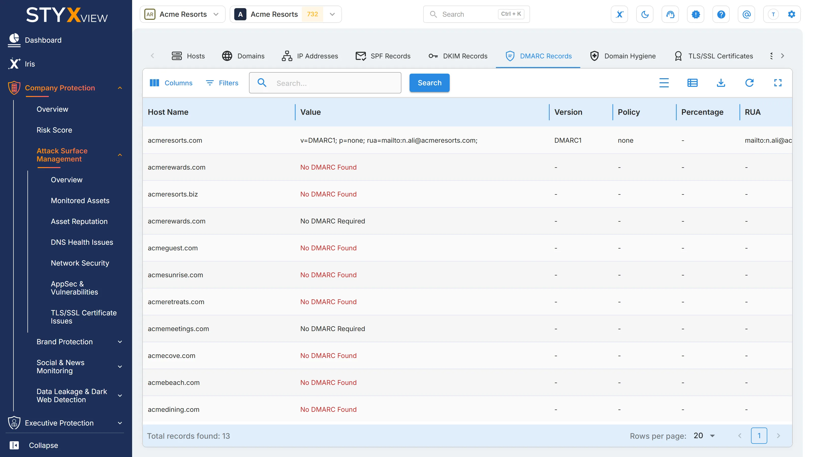 The "DMARC Records" tab, listing each domain's DMARC record with its value, version, policy, and percentage.