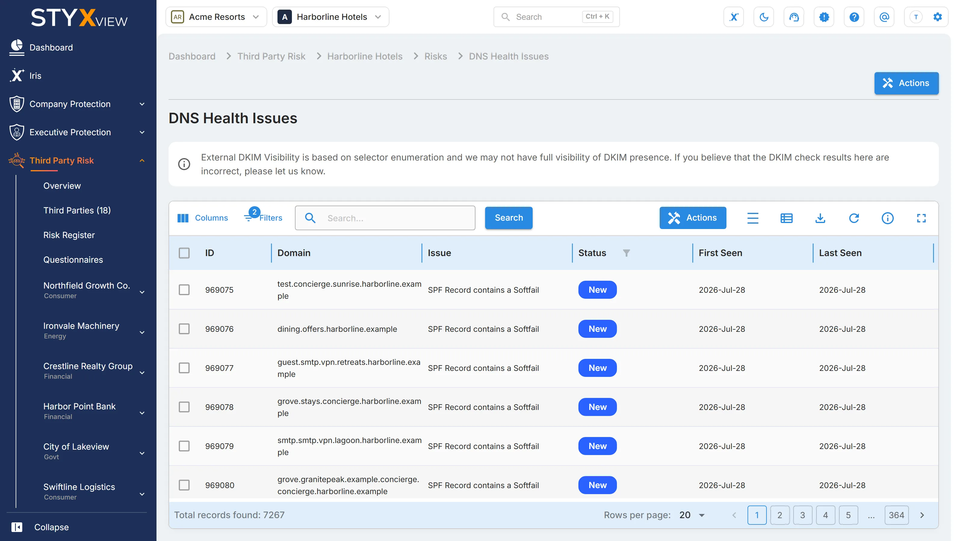 A third party's "DNS Health Issues" page, listing the DNS configuration issues found on its domains.