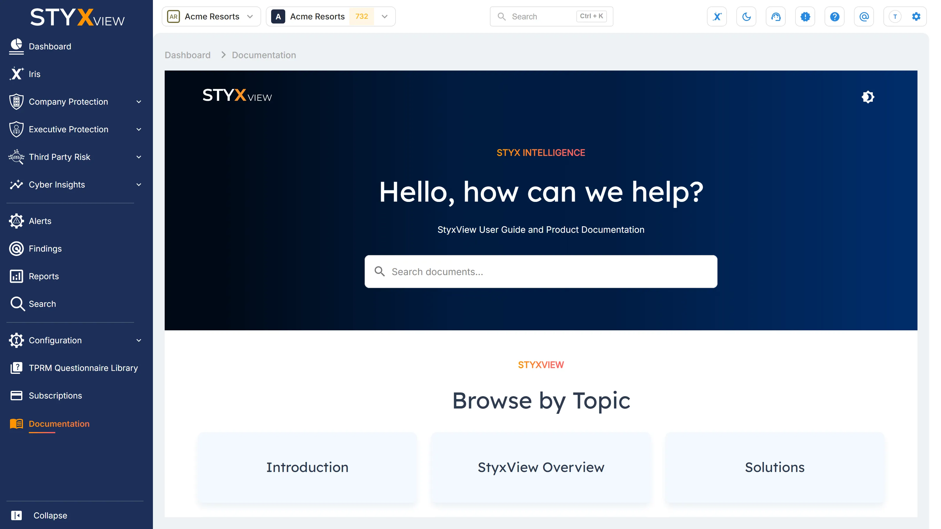The "Documentation" page, which opens this customer documentation inside StyxView without leaving the platform.