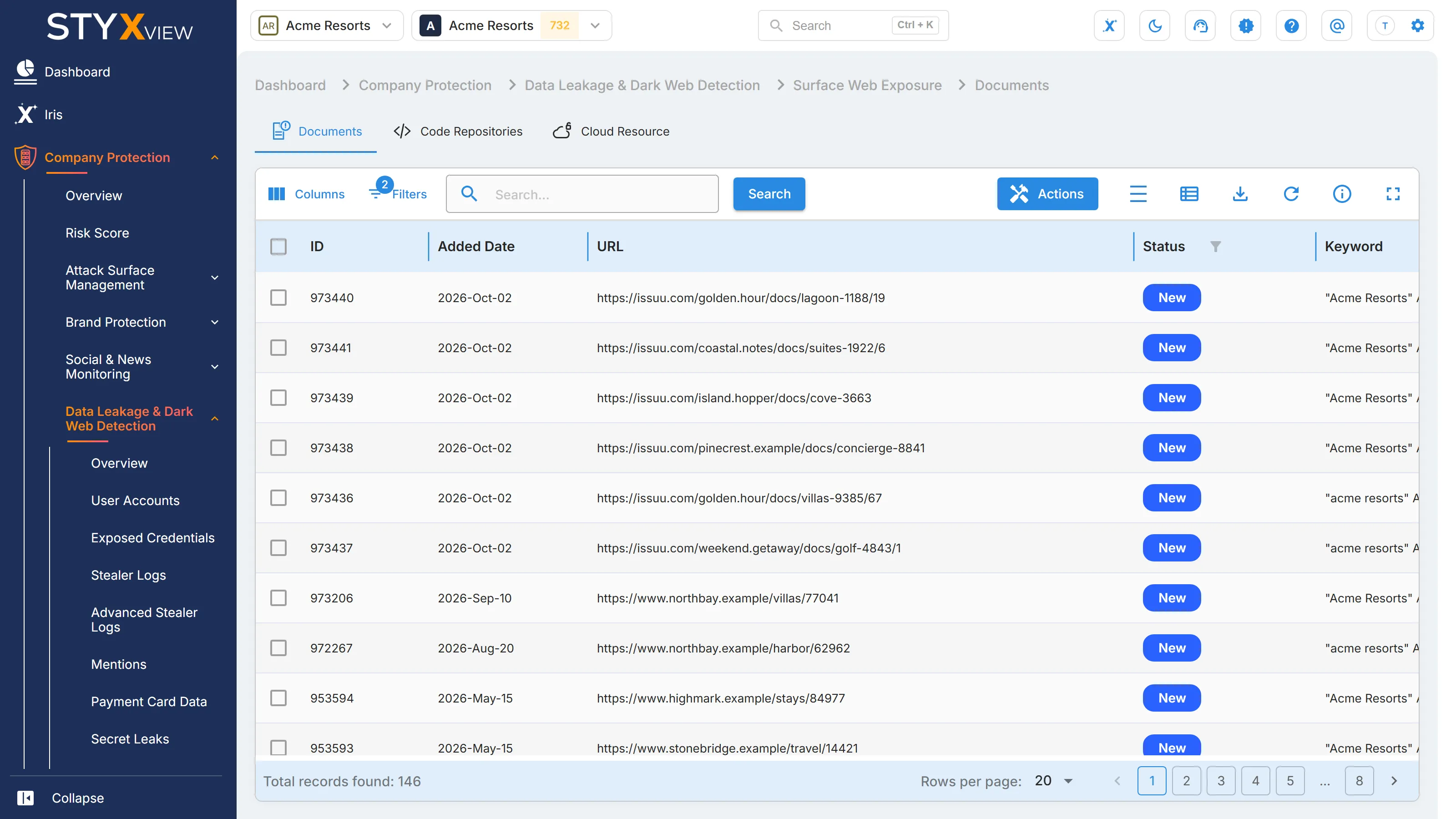 The "Documents" tab of "Surface Web Exposure", listing each exposed document with its finding ID, added date, URL, and status.